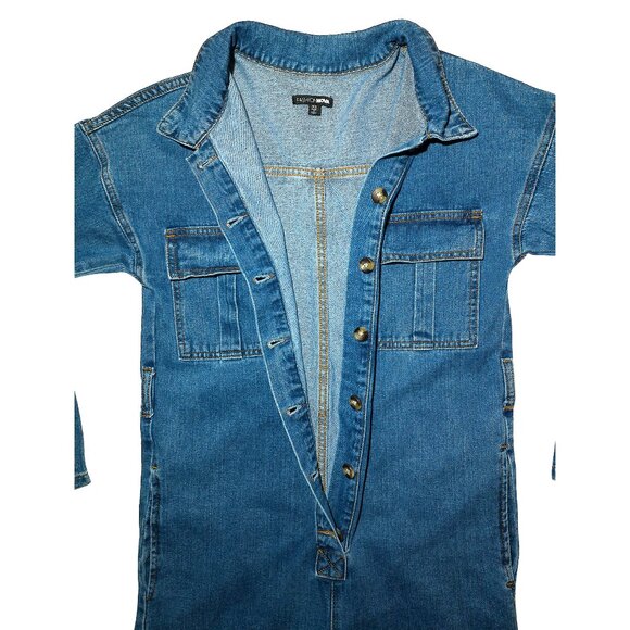 Fashion Nova Oversized Denim Long-Sleeve Button-Up Short Jumpsuit w/ Pockets XS - Picture 4 of 11